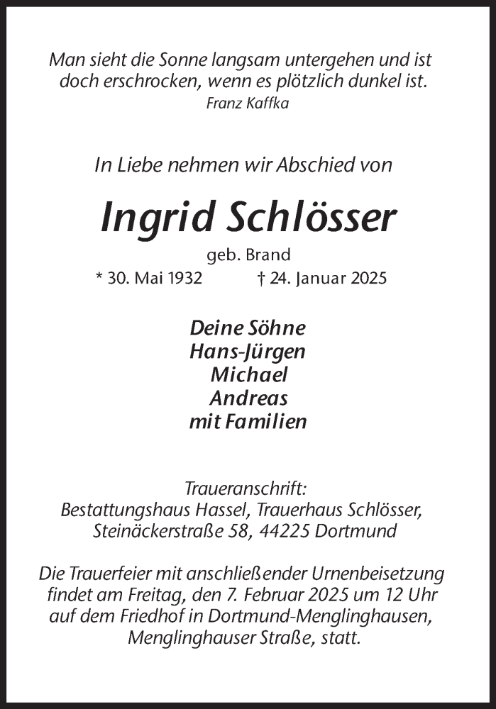  Traueranzeige für Ingrid Schlösser vom 01.02.2025 aus Ruhr Nachrichten