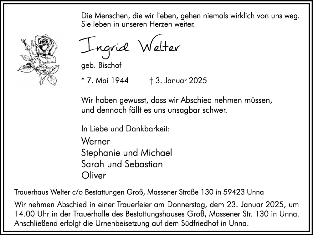  Traueranzeige für Ingrid Welter vom 11.01.2025 aus Hellweger Anzeiger