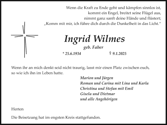 Traueranzeige von Ingrid Wilmes von Trauer Vest