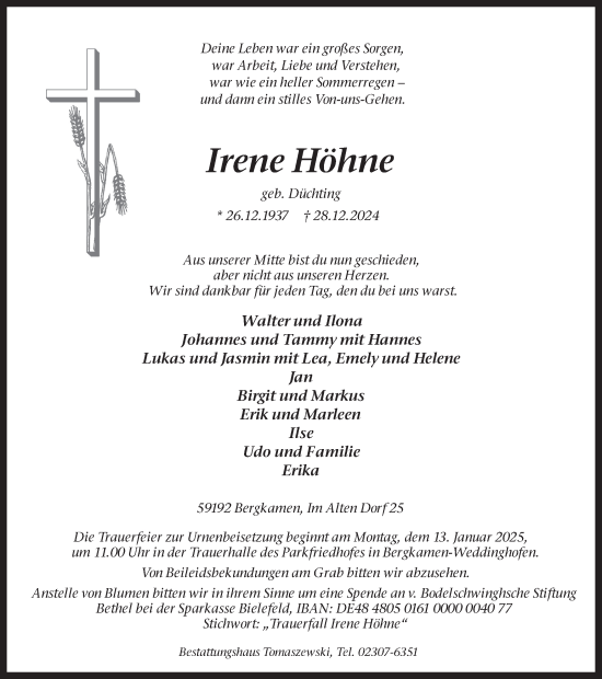 Traueranzeige von Irene Höhne von Hellweger Anzeiger