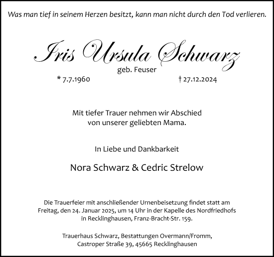 Traueranzeige von Iris Ursula Schwarz von Trauer Vest