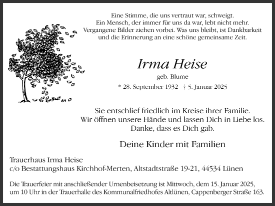 Traueranzeige von Irma Heise von Lüner Anzeiger