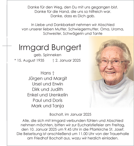 Traueranzeige von Irmgard Bungert 
