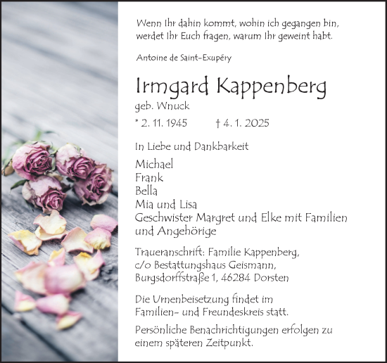 Traueranzeige von Irmgard Kappenberg von Ruhr Nachrichten und Dorstener Zeitung