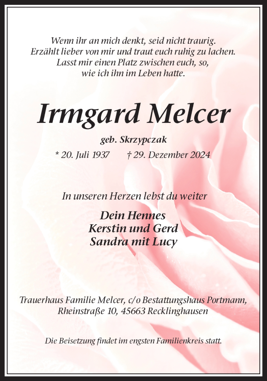 Traueranzeige von Irmgard Melcer von Trauer Vest