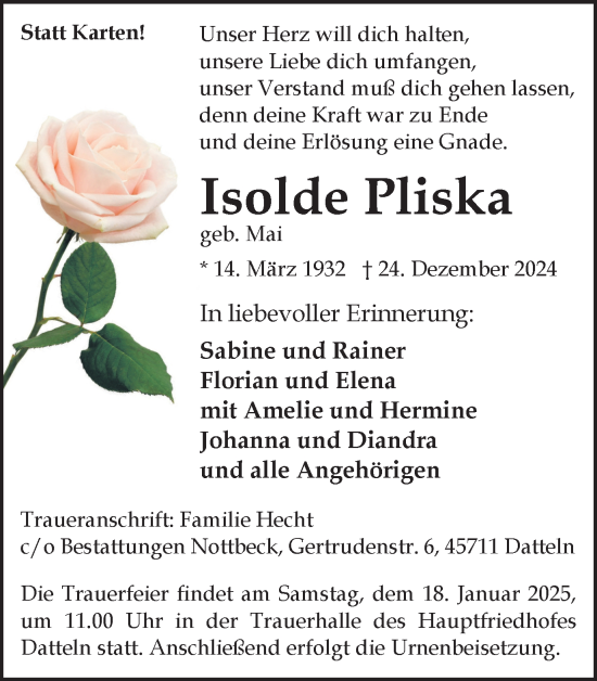 Traueranzeige von Isolde Pliska von Trauer Vest