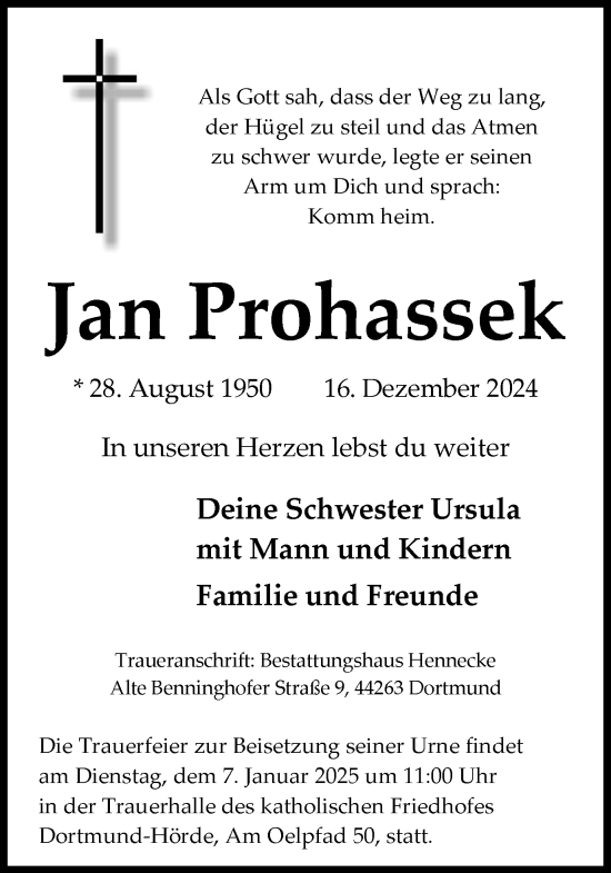 Traueranzeige von Jan Prohassek von Süd Anzeiger Dortmund