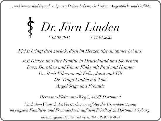 Traueranzeige von Jörn Linden von Ruhr Nachrichten
