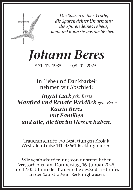 Traueranzeige von Johann Beres von Trauer Vest