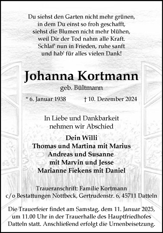 Traueranzeige von Johanna Kortmann von Trauer Vest