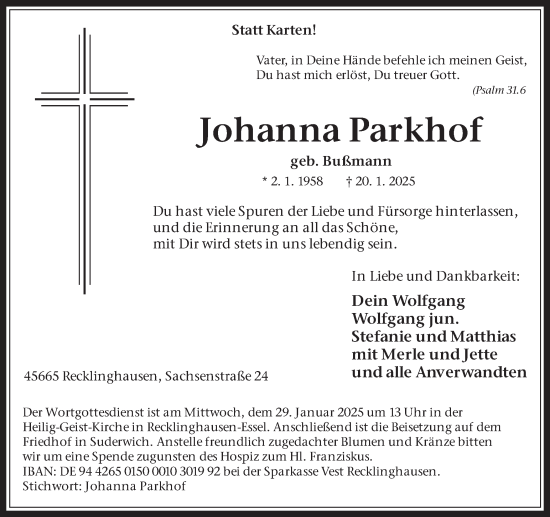 Traueranzeige von Johanna Parkhof von Trauer Vest