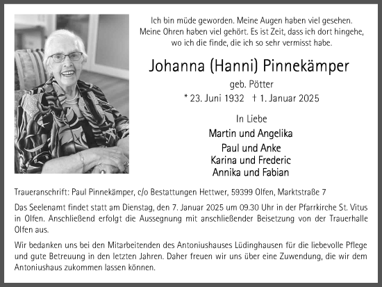 Traueranzeige von Johanna  Pinnekämper von Ruhr Nachrichten