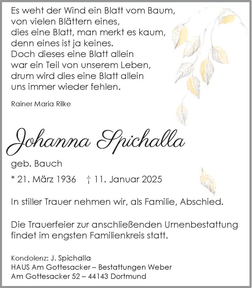  Traueranzeige für Johanna Spichalla vom 25.01.2025 aus Ruhr Nachrichten