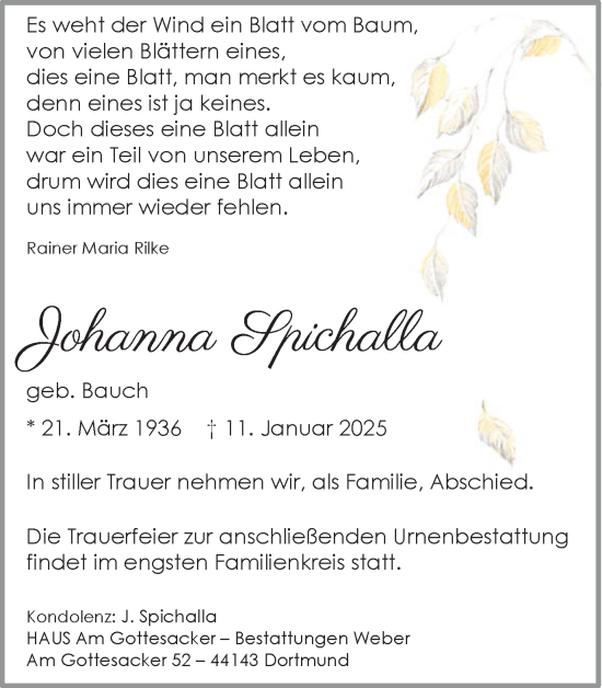 Traueranzeige von Johanna Spichalla von Ruhr Nachrichten