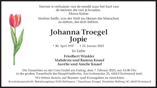 Traueranzeige von Johanna Troegel von Ruhr Nachrichten