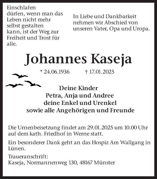 Traueranzeige von Johannes Kaseja von Ruhr Nachrichten
