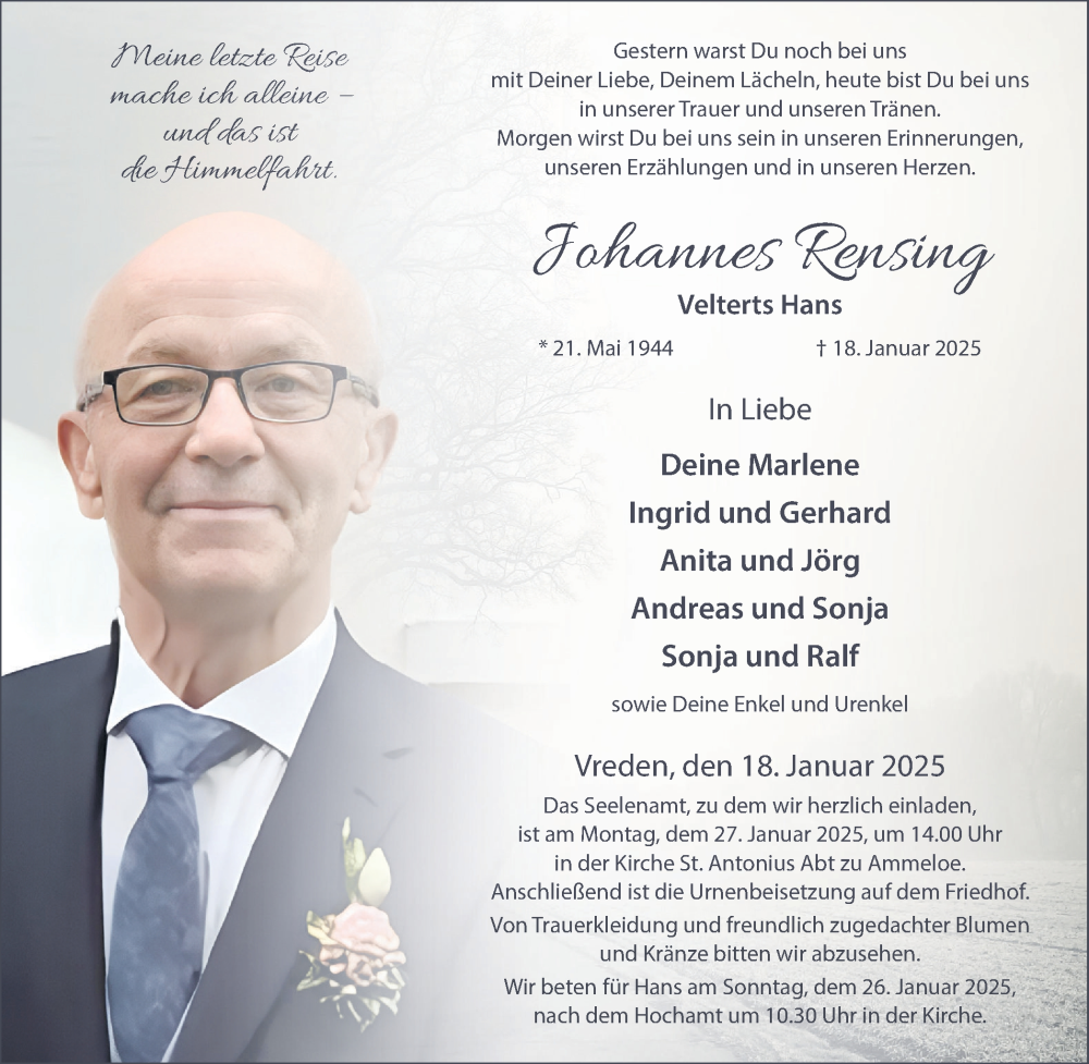  Traueranzeige für Johannes Rensing vom 22.01.2025 aus Münsterland Zeitung