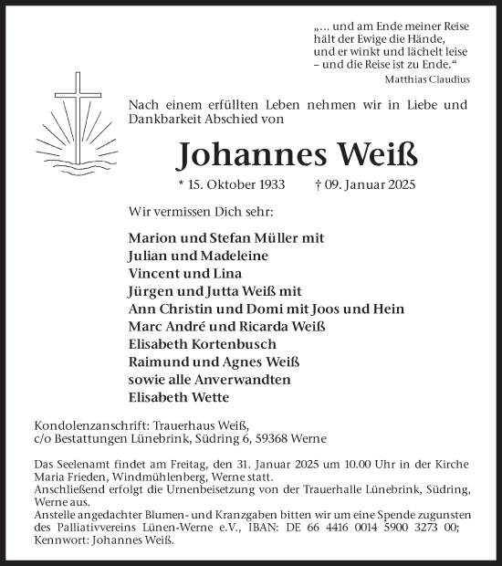Traueranzeige von Johannes Weiß von Ruhr Nachrichten