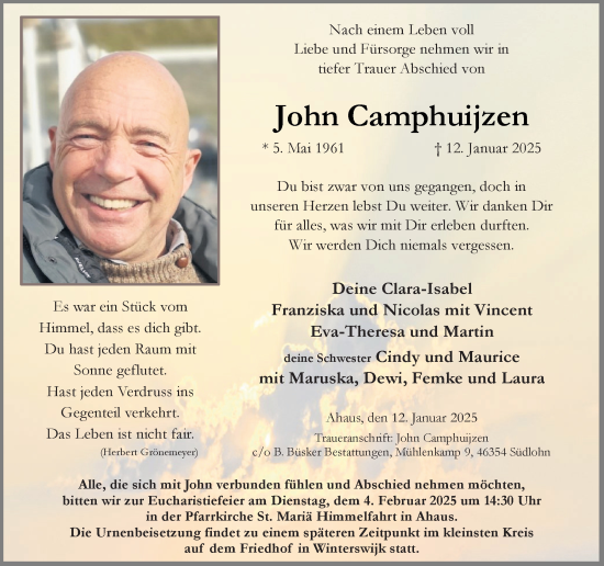 Traueranzeige von John Camphuijzen von Münsterland Zeitung