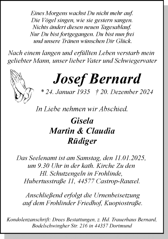 Traueranzeige von Josef Bernard von Ruhr Nachrichten