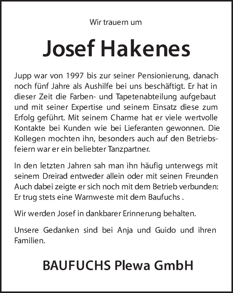  Traueranzeige für Josef Hakenes vom 07.01.2025 aus Münsterland Zeitung