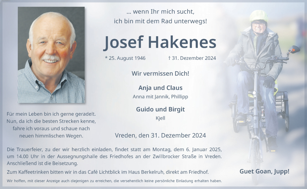  Traueranzeige für Josef Hakenes vom 04.01.2025 aus Münsterland Zeitung