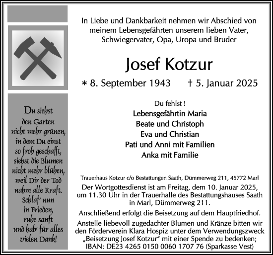 Traueranzeige von Josef Kotzur von Trauer Vest