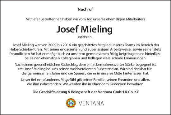 Traueranzeige von Josef Mieling von Münsterland Zeitung