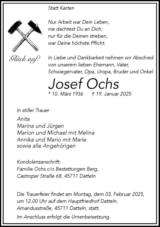 Traueranzeige von Josef Ochs von Trauer Vest