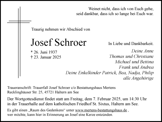 Traueranzeige von Josef Schroer von Ruhr Nachrichten und Halterner Zeitung