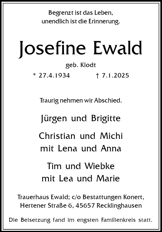 Traueranzeige von Josefine Ewald von Trauer Vest