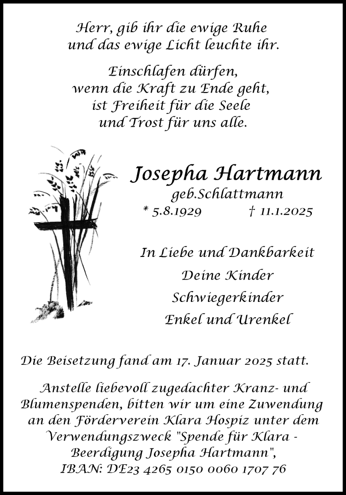  Traueranzeige für Josepha Hartmann vom 18.01.2025 aus Trauer Vest
