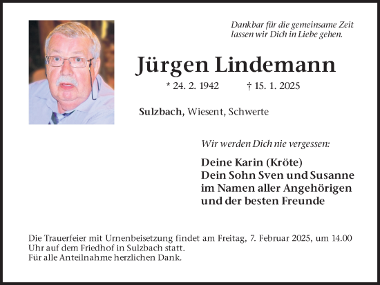 Traueranzeige von Jürgen Lindemann von Ruhr Nachrichten