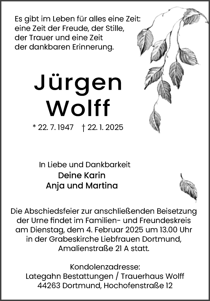 Traueranzeige für Jürgen Wolff vom 25.01.2025 aus Ruhr Nachrichten