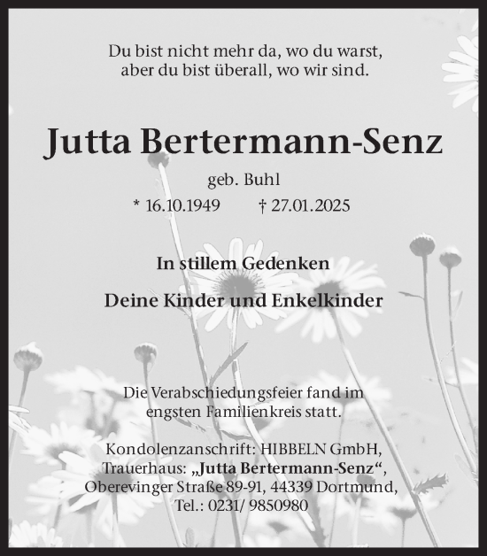 Traueranzeige von Jutta Bertermann-Senz von Ruhr Nachrichten