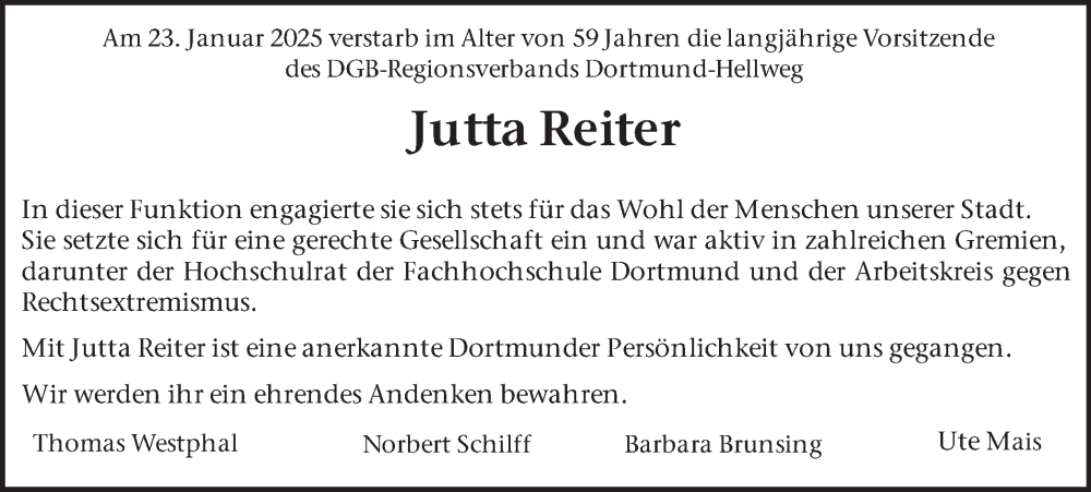  Traueranzeige für Jutta Reiter vom 01.02.2025 aus Ruhr Nachrichten