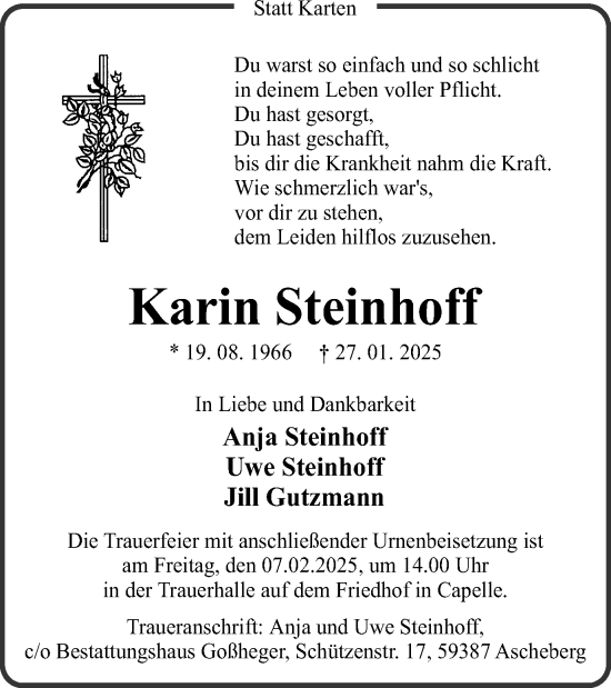 Traueranzeige von Karin Steinhoff von Ruhr Nachrichten