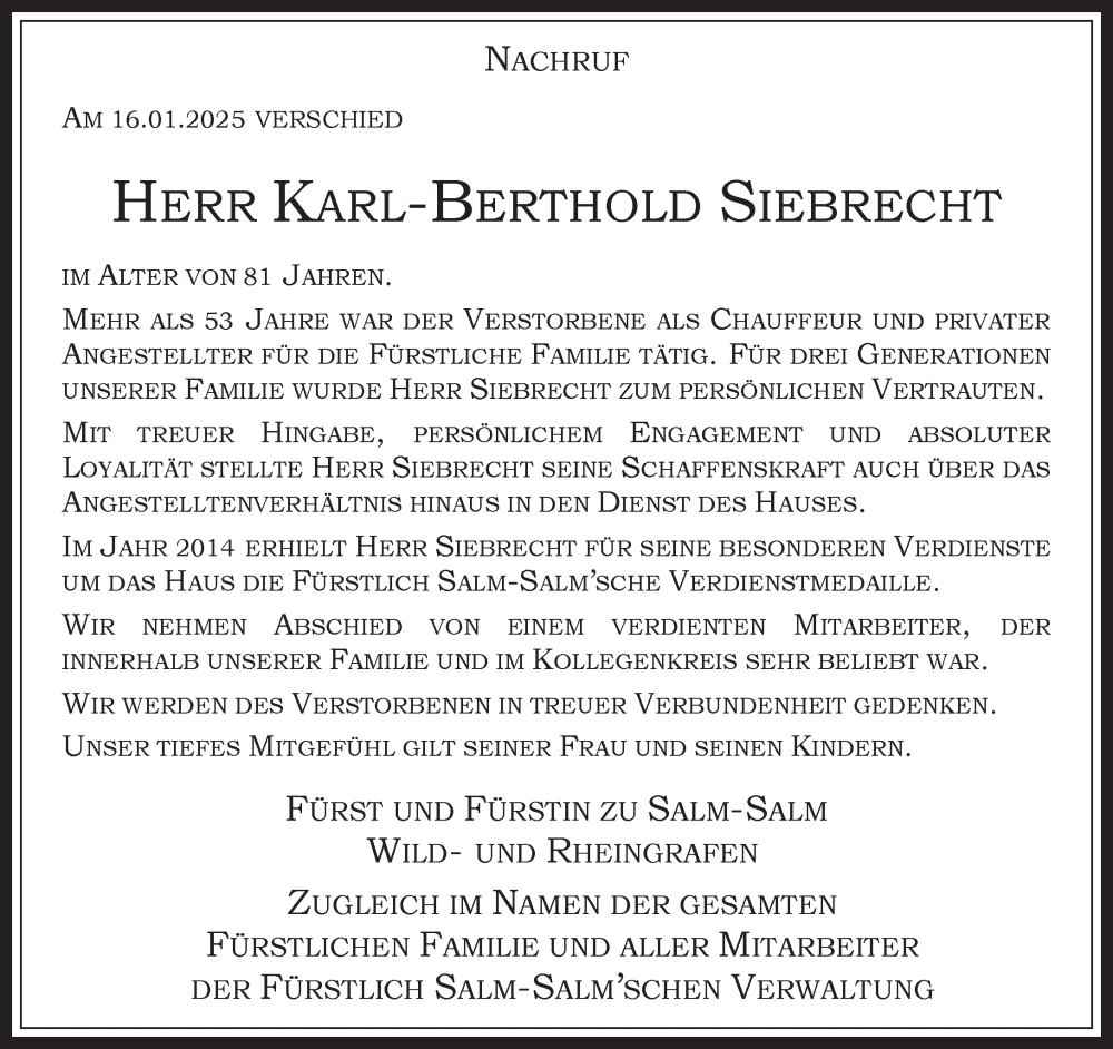  Traueranzeige für Karl-Berthold Siebrecht vom 29.01.2025 aus 