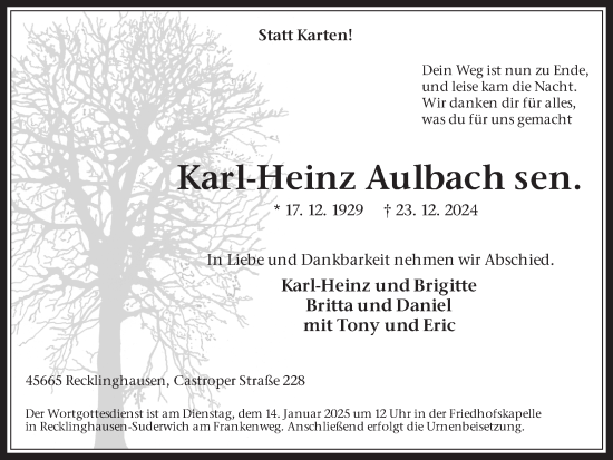 Traueranzeige von Karl-Heinz Aulbach von Trauer Vest