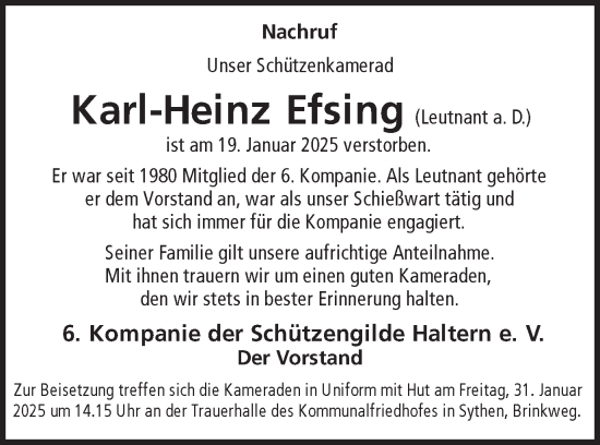 Traueranzeige von Karl-Heinz Efsing von Ruhr Nachrichten und Halterner Zeitung