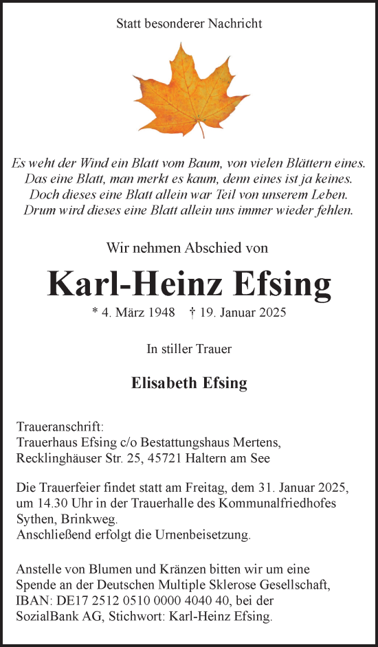 Traueranzeige von Karl-Heinz Efsing von Ruhr Nachrichten und Halterner Zeitung