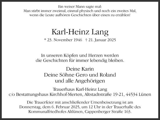 Traueranzeige von Karl-Heinz Lang von Lüner Anzeiger