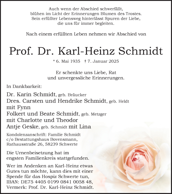 Traueranzeige von Karl-Heinz Schmidt von Ruhr Nachrichten