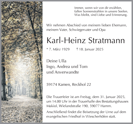 Traueranzeige von Karl-Heinz Stratmann von Hellweger Anzeiger