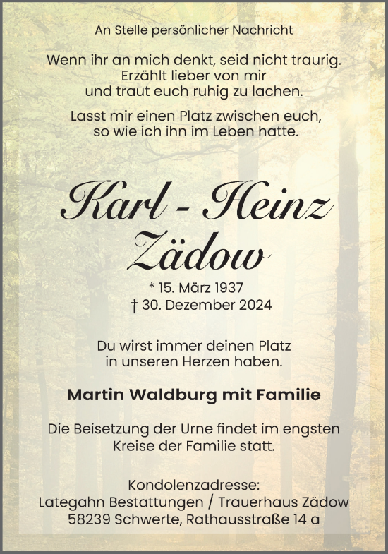 Traueranzeige von Karl-Heinz Zädow von Ruhr Nachrichten