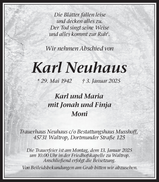 Traueranzeige von Karl Neuhaus von Trauer Vest