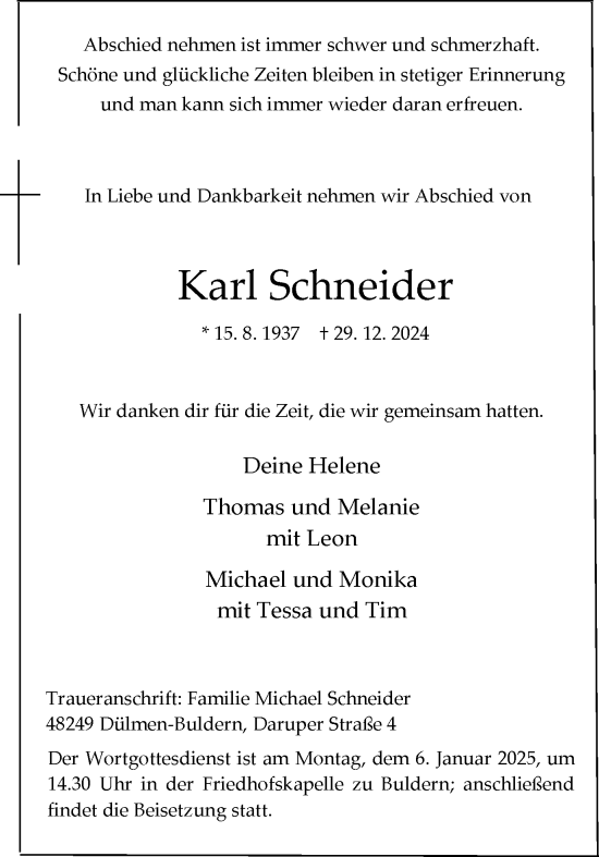 Traueranzeige von Karl Schneider von Ruhr Nachrichten