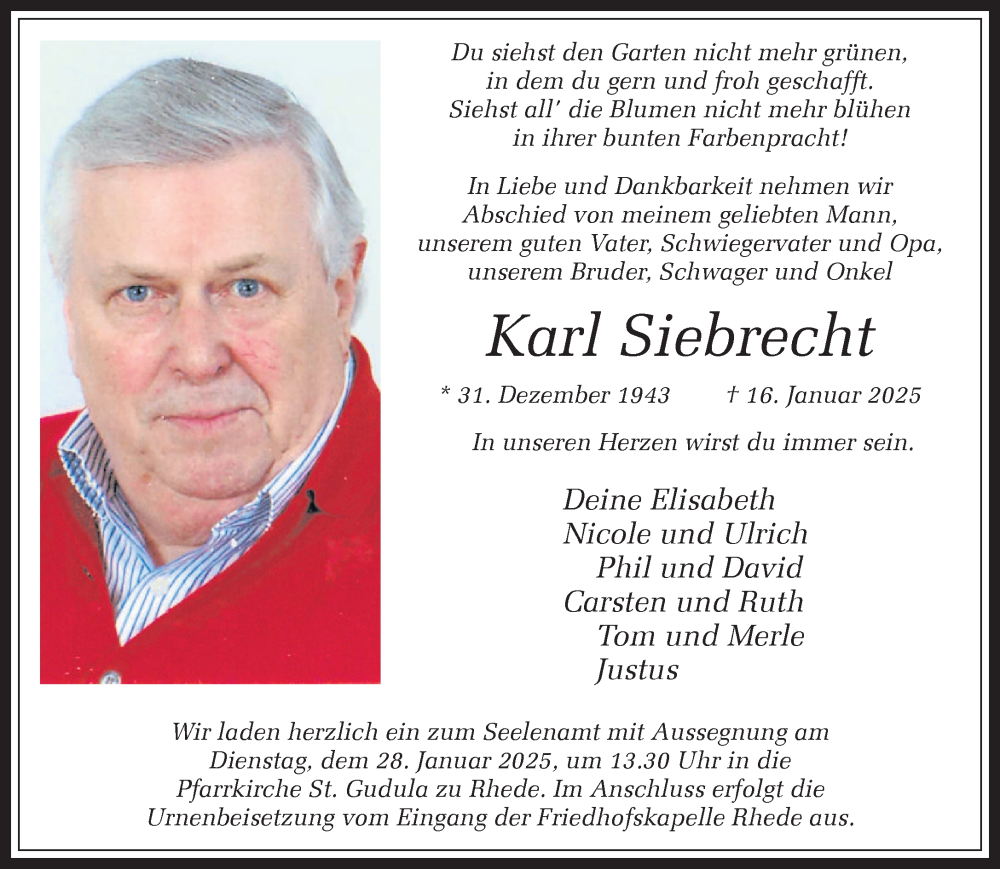  Traueranzeige für Karl Siebrecht vom 24.01.2025 aus 