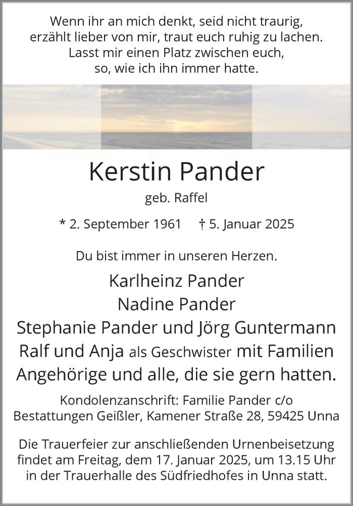  Traueranzeige für Kerstin Pander vom 10.01.2025 aus Hellweger Anzeiger