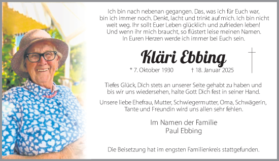 Traueranzeige von Kläri Ebbing 